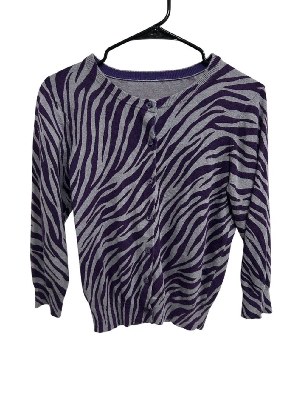 Womens Purple Gray Zebra Print Button-Up Cardigan Long Sleeve Boho Maximalist